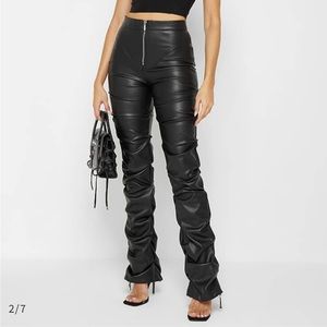TACKED VEGAN LEATHER FLARED TROUSERS - BLACK